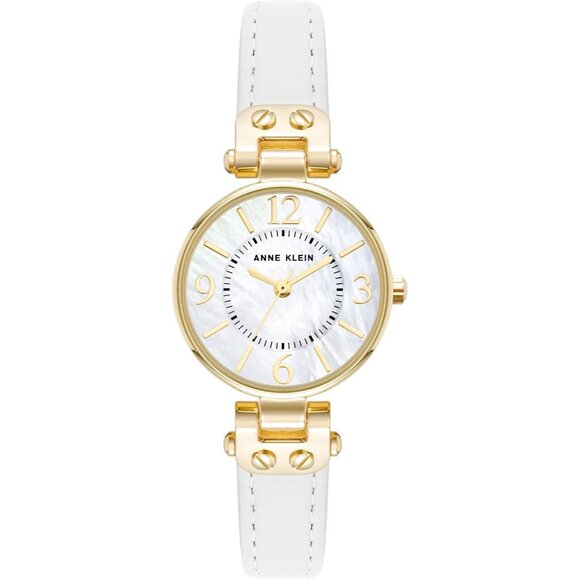 Women\'s White/Gold Domed Mineral Crystal Lens Leather Strap Buckle Closure Watch
